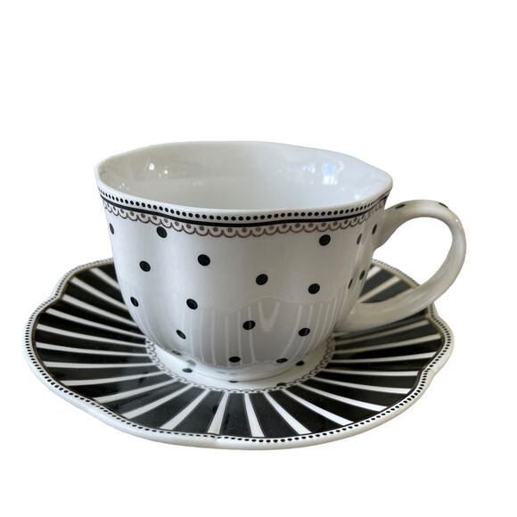 GRACE TEAWARE Black & White Striped Polka Dots Teacup and Saucer Set of 2 New - Picture 5 of 16